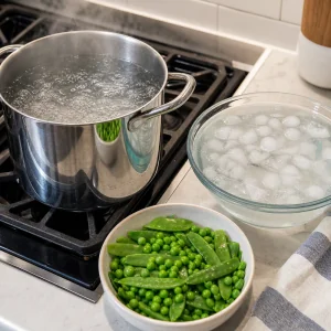Pot of boiling water beside a bowl of ice water and green vegetables