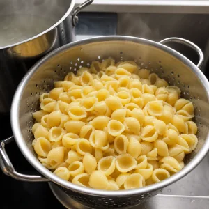 Cooked shell pasta draining in a metal colander