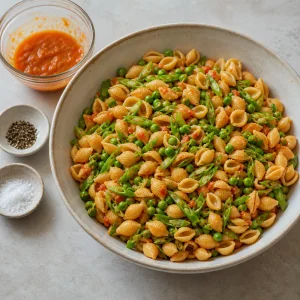 Dressed pasta salad resting with extra dressing, salt, and pepper nearby
