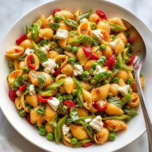 Fertiger Nudelsalat mit Erbsen, Zuckerschoten, Käse und Kräutern