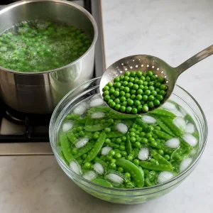 Green peas transferred from boiling water to the ice bath with snow peas