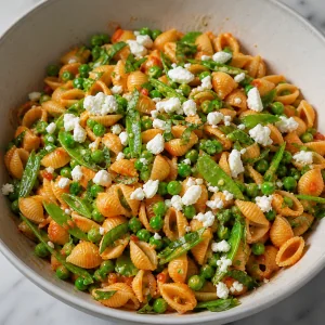 Pasta salad topped with white cheese crumbles and fresh herbs