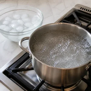 Pot of boiling water with a bowl of ice water beside it