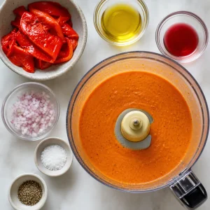 Roasted red pepper vinaigrette in a food processor with ingredients nearby