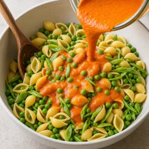 Roasted red pepper vinaigrette poured over pasta, peas, and snow peas