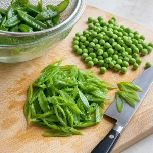 Sliced snow peas on a cutting board beside green peas
