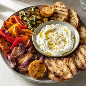 Finished ricotta platter with grilled vegetables, lemon, and sourdough