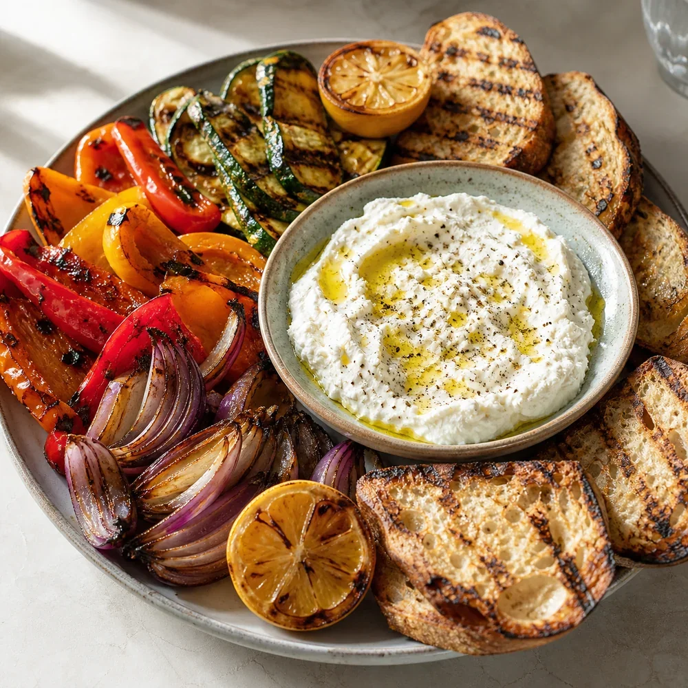 Finished ricotta platter with grilled vegetables, lemon, and sourdough