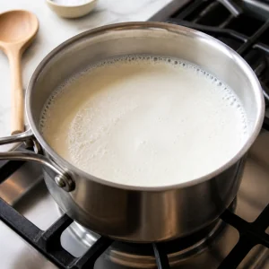 Foamy milk mixture warming in a saucepan for ricotta