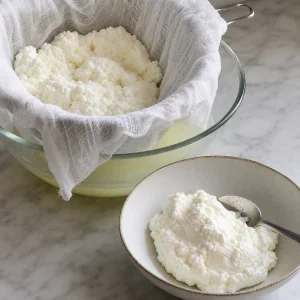 Fresh ricotta curds draining in cheesecloth with whey below