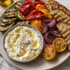 Ricotta drizzled with olive oil served with grilled vegetables and lemon