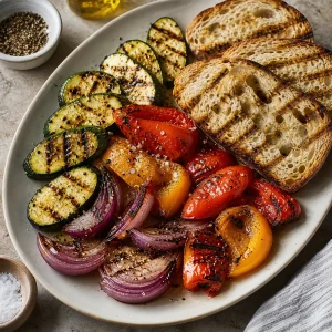 Seasoned grilled vegetables arranged on a platter with sourdough