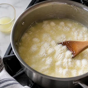 Soft ricotta curds forming in warm whey after lemon juice is added