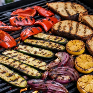 Vegetables, sourdough, and lemon grilling with char marks