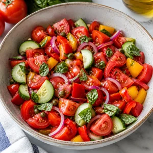 Tomates, concombre, poivrons, oignon, basilic et câpres coupés dans un bol
