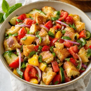 Ensalada panzanella terminada con pan tostado, tomates, pepino, pimientos, albahaca y alcaparras