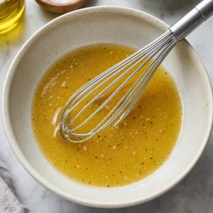 Vinaigrette brillante émulsionnée dans un bol avec un fouet