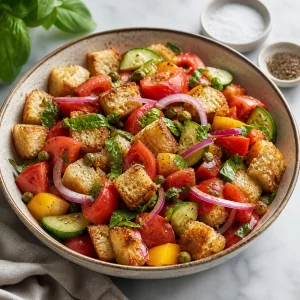 Panzanella assaisonnée qui repose dans un saladier