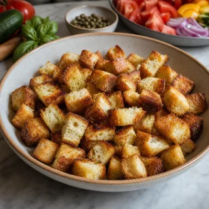 Cubes de pain grillé qui refroidissent dans un grand bol