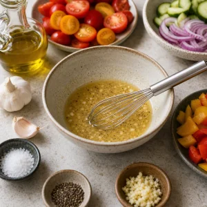 Base de vinaigrette avec ail, moutarde, vinaigre, sel et poivre dans un bol