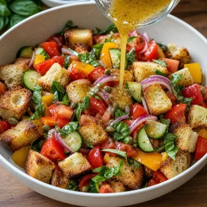 Vinaigrette versée sur le pain et les légumes pour la panzanella