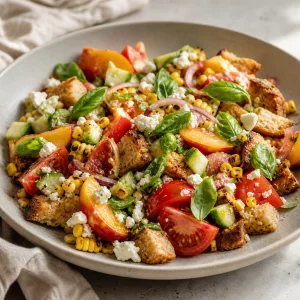 Panzanella pronta com feta e folhas inteiras de manjericão