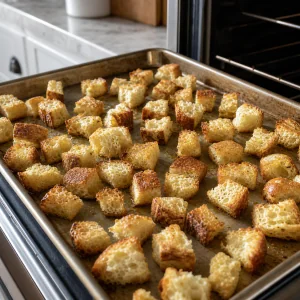 Pedaços dourados de pão de fermentação natural em uma assadeira