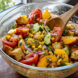 Ingredientes da panzanella misturados delicadamente com o molho