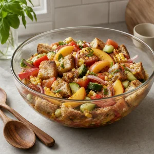 Panzanella descansando enquanto o pão absorve o molho
