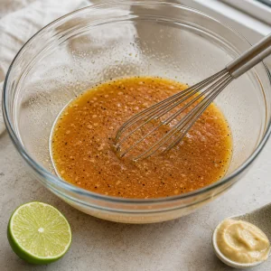Molho de suco de tomate e limão com um batedor