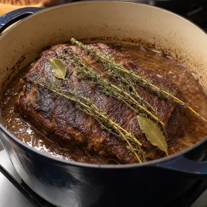 Browned roast with thyme and bay leaves in braising liquid