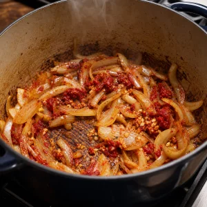 Golden onions with garlic and tomato paste in a Dutch oven