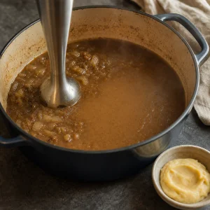 Onion gravy being blended smooth in the Dutch oven