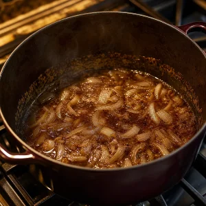 Onions simmering in reduced wine and beef broth