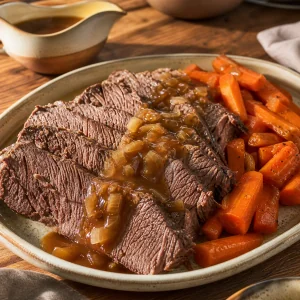 Pot roast sliced across the grain with carrots and gravy