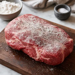 Raw chuck roast seasoned and dusted with flour on a cutting board