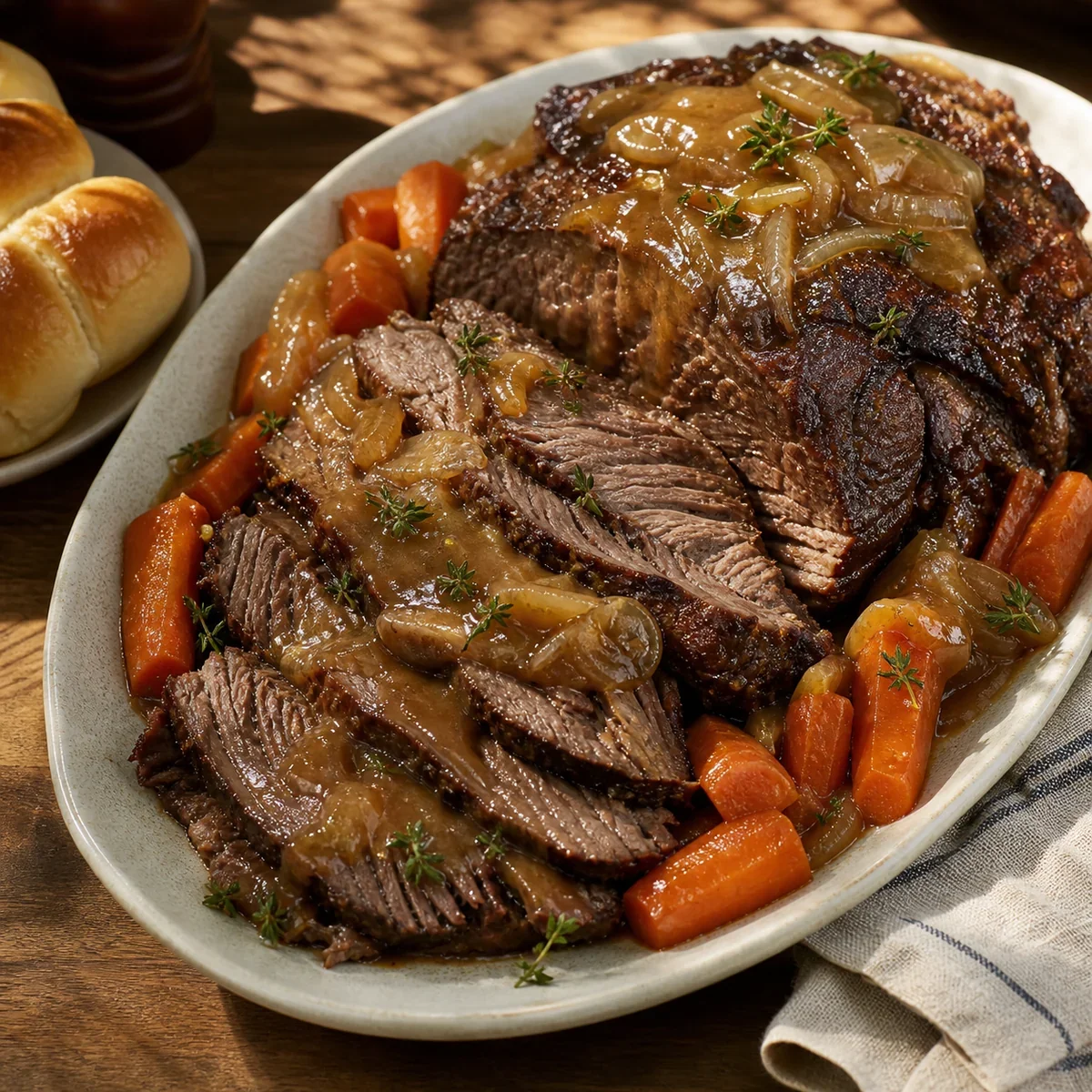 Sliced pot roast with carrots and onion gravy on a serving platter
