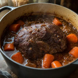 Tender braised roast with carrots in a Dutch oven