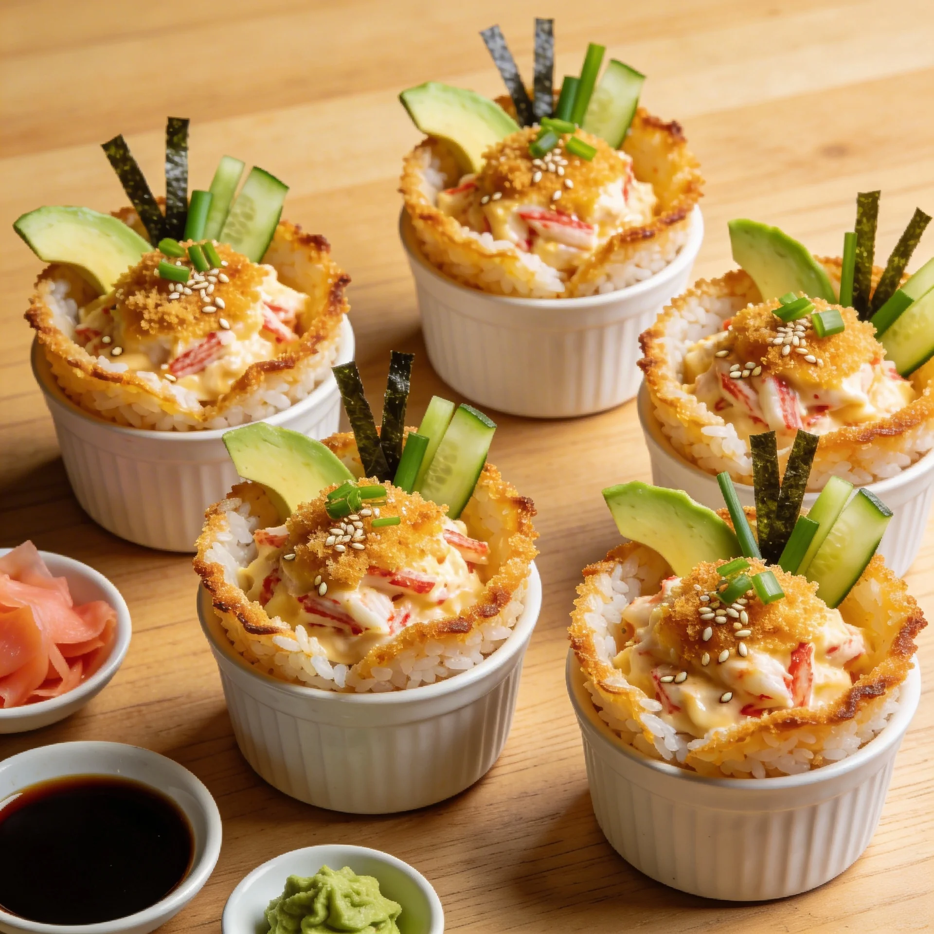 Sushi Bake Cups with Spicy Crab and Crispy Topping