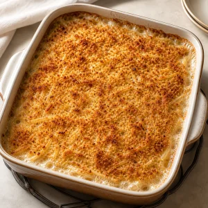 Baked potato casserole bubbling with a deep golden top