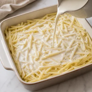 Cream mixture being poured over layered potato matchsticks