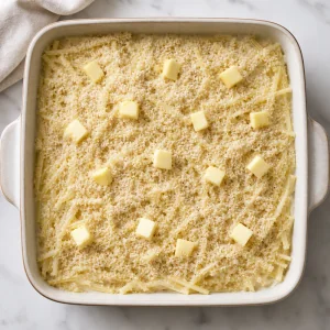 Unbaked casserole topped with breadcrumbs and butter pieces