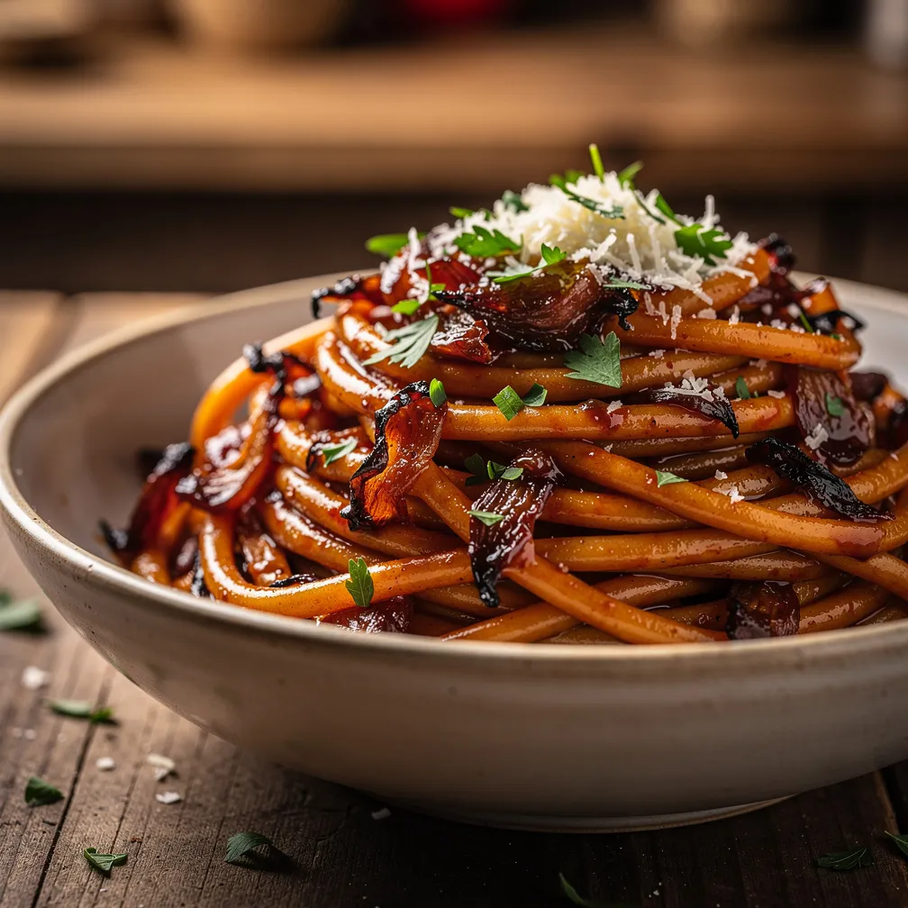 A rustic bowl of glossy pasta coated in a deep red caramelized shallot and tomato sauce