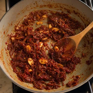 캐러멜라이즈드 샬롯에 토마토 페이스트, 마늘, 고춧가루를 넣어 익히는 모습