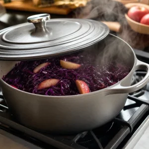 Olla tapada cocinando suavemente lombarda con manzanas
