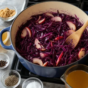 Condimentos y jugo de manzana añadidos a la lombarda con rodajas de manzana