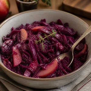 Lombarda braseada dulce y ácida servida caliente con rodajas de manzana