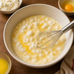 Huettenkaese, Milch, Ei und Butter in einer Schuessel gemischt