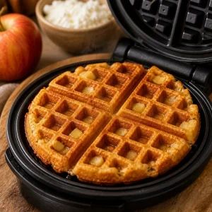 Goldene Apfelwaffel in einem offenen Waffeleisen gebacken