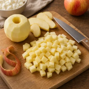 Geschaelter Apfel in kleine Wuerfel auf einem Brett geschnitten